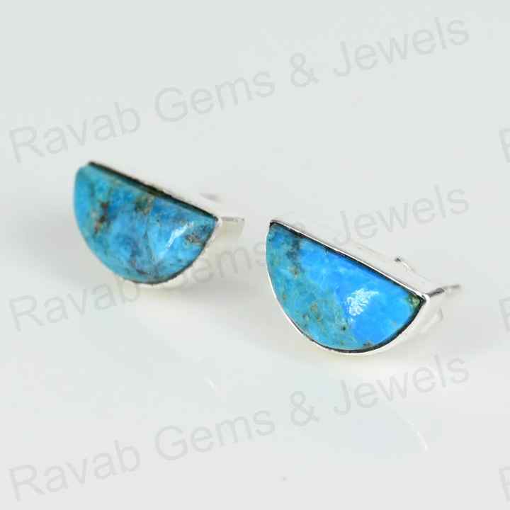Best Quality Solid 925 Sterling Silver Natural Arizona Turquoise 10x16mm Half Moon D Shape Bezel Stud Earring for Women
