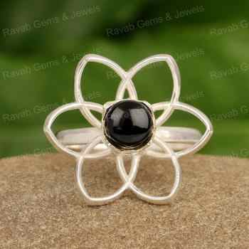 Handmade 925 Sterling Silver Women's Wedding Ring 8mm Natural Black Onyx Cabochon Solid Flower Design Superb Quality for Parties