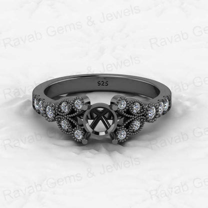 Solid 925 Silver 6mm Pave CZ Diamond Semi Mount Top Quality Filigree Open Blank Ring Prong Setting Memorial Jewelry DIY Findings