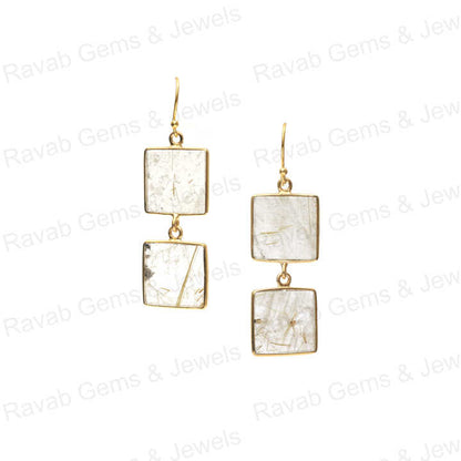 Superb Solid 925 Sterling Silver 10mm Natural Golden Rutile Square Flat Smooth 18k Gold Plated Dangle Drop Earring for Women