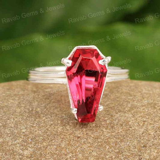 Best Selling 10x17mm Pink Tourmaline Hydro Coffin Shape Gemstone Handmade 925 Sterling Silver Prong Engagement Ring For Women