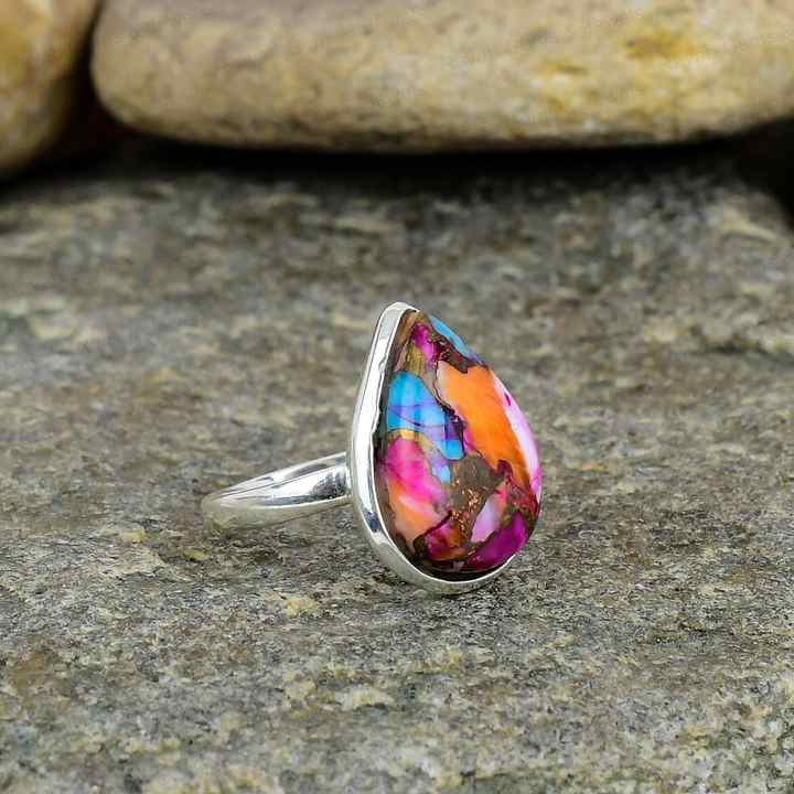 Natural Kingman Pink Dahlia Oyster Turquoise Solid 925 Sterling Silver Pear 9x12mm Bezel Setting Vintage Handmade Ring Women