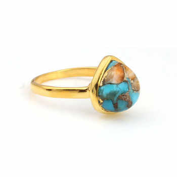 Top Selling 10mm Spiny Oyster Copper Turquoise Stone Bezel 18k Gold Plated 925 Sterling Silver Dainty Heart Ring for Her