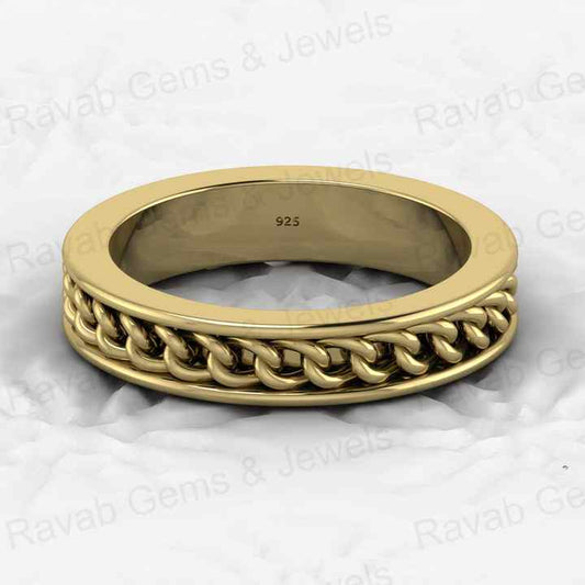 Hot Selling 925 Sterling Silver Gold Vermeil Cuban Curb Link Chain 4mm Wide Eternity Band Personalized Fine Jewelry Women's Ring