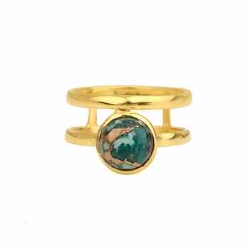 18K Gold Plated 925 Silver Boho Vintage Double Band Ring Beautiful 8mm Natural Chrysocolla Copper Gemstone Her Fine Jewelry