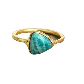 Top Natural Amazonite Gemstone Bezel Ring Minimalist 18k Gold Plated Sterling Silver Stacking Band Simple Elegant Design Women