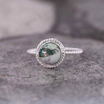 Best Quality Solid 925 Sterling Silver Natural Chrysocolla Copper 10mm Round Twisted Band Bezel Setting Ring Handmade Jewelry