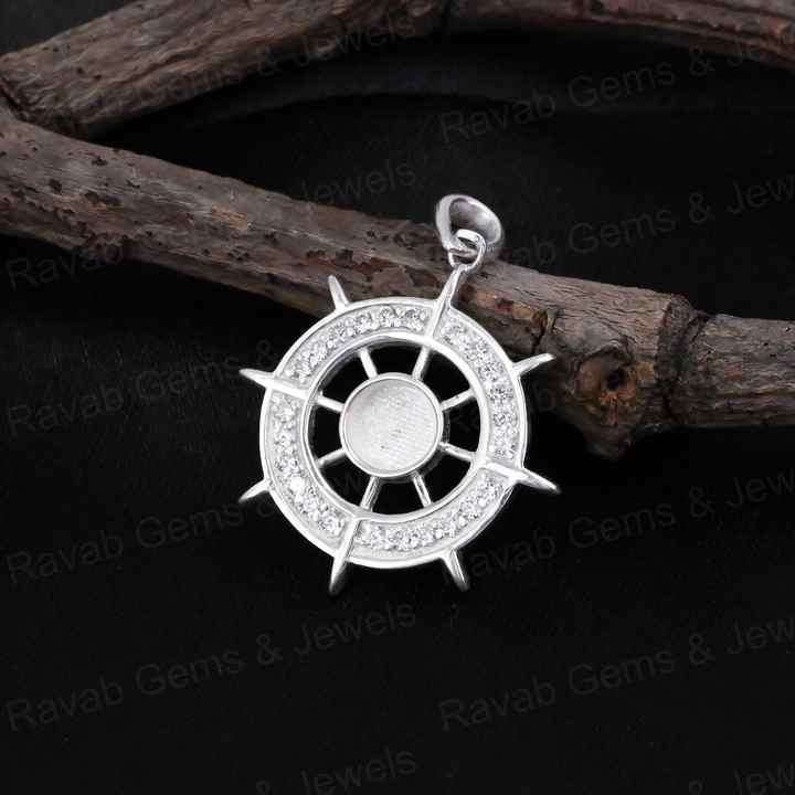 Best Quality 925 Silver 5mm Ocean Helm Ship Wheel Try Zircon Semi Mount Blank Charm Pendant for DIY Jewelry Findings Components