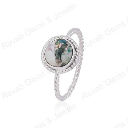 Best Quality Solid 925 Sterling Silver Natural Chrysocolla Copper 10mm Round Twisted Band Bezel Setting Ring Handmade Jewelry