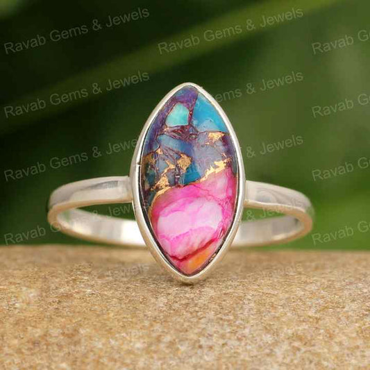Handmade Women's 925 Sterling Silver Anniversary Gift Ring High Selling Genuine Pink Spiny Turquoise 8x16mm Marquise Shape Solid