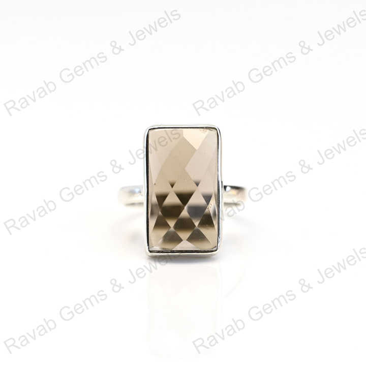 Top Quality Solid 925 Sterling Silver Smoky Quartz Checker Cut Rectangle Shape Bezel Setting Ring for Women Handmade Jewelry