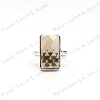 Top Quality Solid 925 Sterling Silver Smoky Quartz Checker Cut Rectangle Shape Bezel Setting Ring for Women Handmade Jewelry