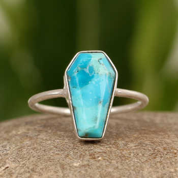 Top Selling Dainty Coffin Shape Sterling Silver Ring Genuine Kingman Blue Arizona Turquoise Gemstone Bezel Setting Women's Fine