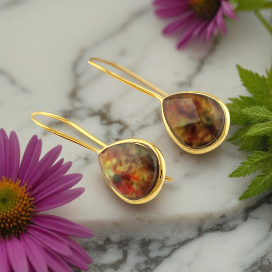 Best Quality Solid 925 Sterling Silver Natural Ammonite Checker Cut Pear 12x16mm 18k Gold Plated Drop Dangle Earring for Women