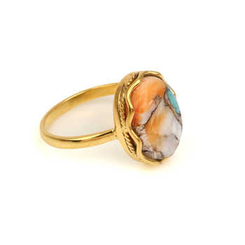 Top Quality 10x14mm Spiny Oyster Copper Turquoise Gemstone Bezel Real Sterling Silver Handmade Boho Designer Oval Ring for Women