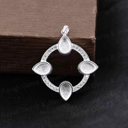 High Quality 925 Silver 6x4mm Pear Floral Surrounded CZ Blank Charm Pendant Stone Setting Jewelry Making Findings Components