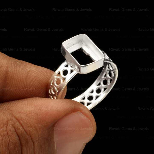 High Quality 925 Sterling Silver 8x10mm Rectangle Pre Notched Semi Mount Blank Bezel Setting Ring Stone Ashes Resin Jewelry