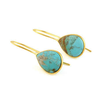 New Arrival 12x16mm Arizona Turquoise Bezel Dainty Teardrop Earring 18K Gold Plated Handmade Fine Hoop Sterling Silver Design