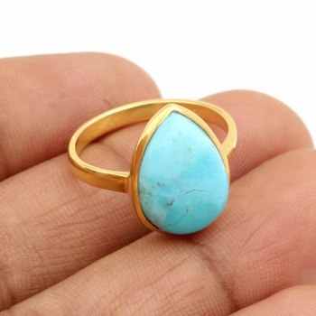 Best Selling 925 Sterling Silver 18K Gold Fine Ring for Women Kingman Blue Arizona Turquoise 12x16mm Pear Bezel Setting Jewelry