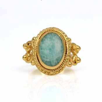 Hot Selling 10x14mm Amazonite Gemstone Bezel Ring for Women 18K Gold Plated Sterling Silver Bohemian Style Oval Shape Design