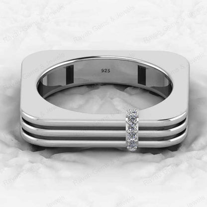 Best Selling Solid 925 Silver 18K Gold Vermeil Eternity Band Men's Chunky Ring Square Striped Design Personalized Fine Jewelry