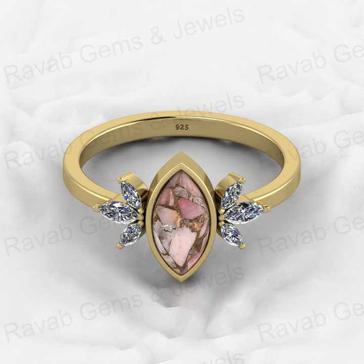 Top Selling Marquise Designer Ring Genuine 925 Silver Pink Copper Turquoise Gemstone Bezel Setting Fine Jewelry Trusted