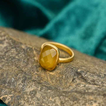 Best Selling Handmade 925 Silver Bezel Vermeil Eternity 12x16mm Yellow Chalcedony Rectangle Cushion Faceted Ring Fine Jewelry