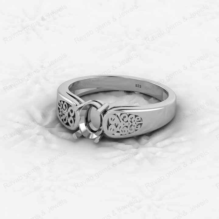 Genuine 925 Sterling Silver 7x5mm Oval Semi Mount Blank Prong Setting Filigree Pre-Notched Ring Good for Gemstone Fine Jewelry