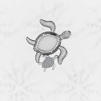 Genuine 925 Silver Mom & Baby Tortoises Marquise Semi Mount CZ Charm Pendant Setting for Ashes & Resin Work Breastmilk Jewelry