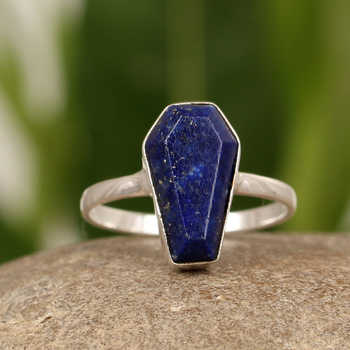 Best Selling Natural Lapis Lazuli Gemstone Genuine 925 Sterling Silver Coffin Shape Bezel Setting Dainty Women Ring Fine Jewelry
