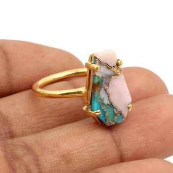 10x17mm Mohave Turquoise Pink Opal Copper Gemstone 18K Gold Plated 925 Silver Dainty Boho Coffin Shape Women's Fine Rings