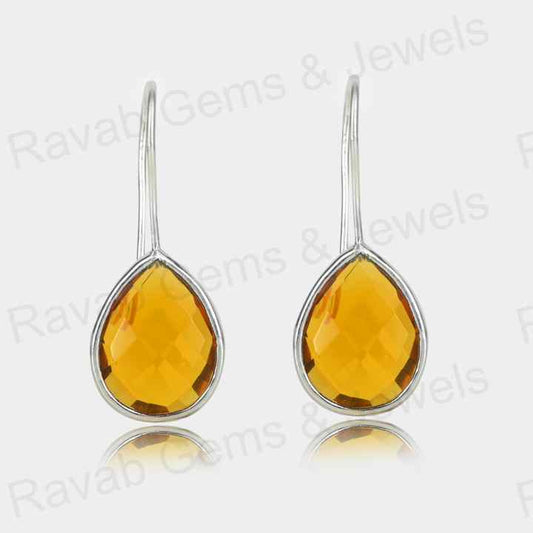 New Arrival Solid 925 Sterling Silver Citrine Hydro Quartz Pear Checker Cut Bezel Setting Dangle Drop Earring for Women Jewelry