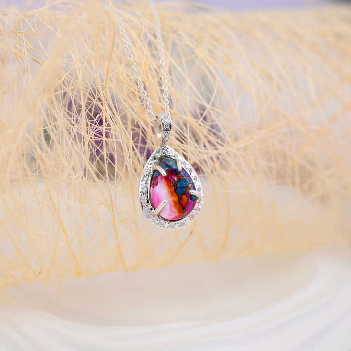 Beautiful 12x16mm Dahlia Mohave Mix Oyster Copper Turquoise With CZ 925 Silver Fine Jewelry Teardrop Pendant Necklace for Women