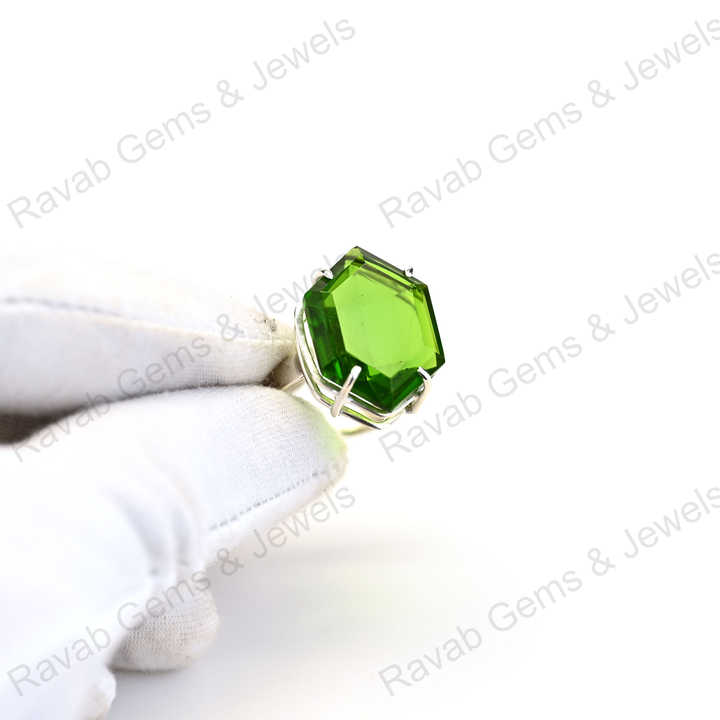 New Arrival Top Quality Solid 925 Sterling Silver Green Peridot Quartz Hexagon Cut Shape Ring for Women Fine Handmade Jewelry
