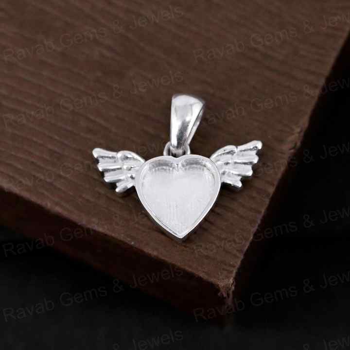 Genuine 925 Sterling Silver 8mm Heart With Angel Wings Semi Mounting Pendant Blank Setting for Resin & Ashes Work DIY Jewelry