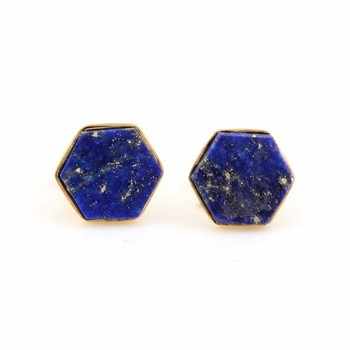 Top Selling 10mm Smooth Hexagon Ring Women's Handmade 925 Sterling Silver 18K Gold Plated Lapis Lazuli Fine Stud Earrings