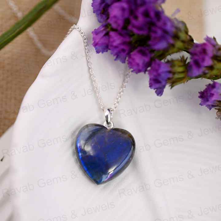 Hot Selling Mother's Day Sale 20mm Puffy Heart Natural Blue Fire Labradorite Handmade 925 Silver Pendant Necklace Fine Jewelry
