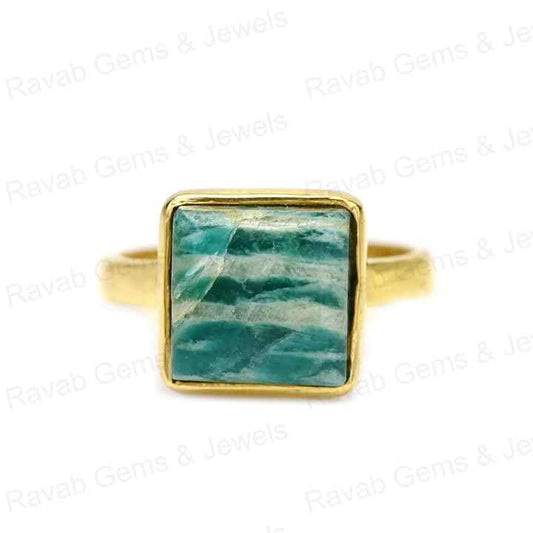 High Quality Solid 925 Sterling Silver Women's Ring Natural Amazonite 14mm Bezel Setting 18K Gold Filled Smooth Square Rhodium