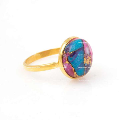 Beautiful 12mm Natural Mix Oyster Orange Purple Copper Turquoise Sterling Silver Jewelry Gold Plated Boho Round Ring for Her