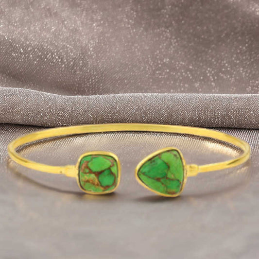 Genuine Solid 925 Sterling Silver 18k Gold Plated Natural Green Copper Turquoise Bezel Setting Adjustable Cuff Bangle Bracelet
