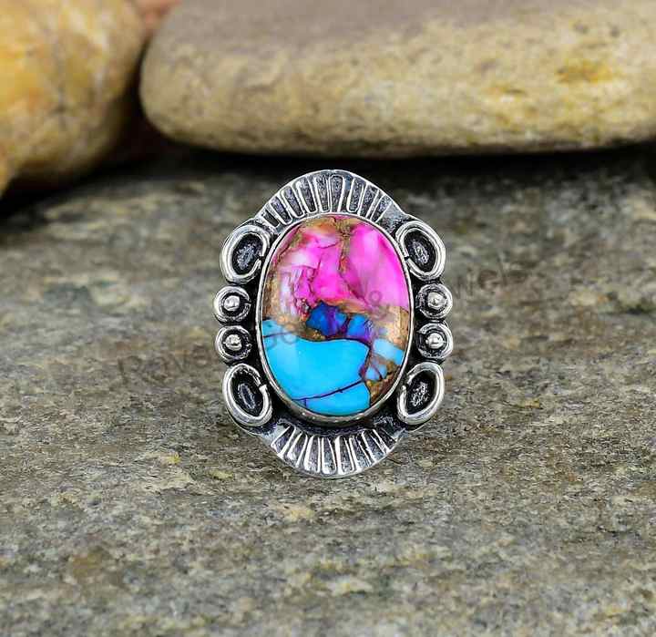 Natural Pink Spiny Oyster Turquoise Solid 925 Sterling Silver 10X14mm Bezel Setting Vintage Navajo 3 Band Handmade Ring Women