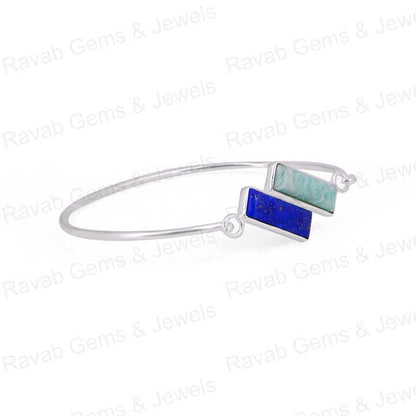 Handmade 925 Silver Minimalist Statement Adjustable Women Bangle Amazonite Lapis Lazuli Rectangle Bezel Setting Fine Jewelry