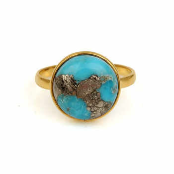 Handmade 18K Gold Plated Ring for Women Pure Sterling Silver 12mm Pyrite Blue Copper Turquoise Gemstone Bezel Set Fine Jewelry