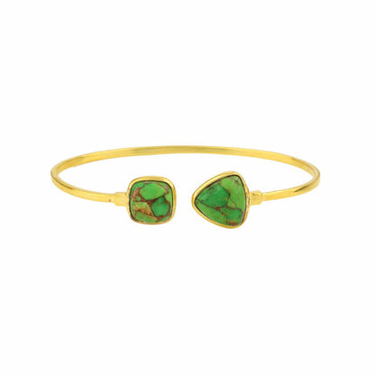 Genuine Solid 925 Sterling Silver 18k Gold Plated Natural Green Copper Turquoise Bezel Setting Adjustable Cuff Bangle Bracelet