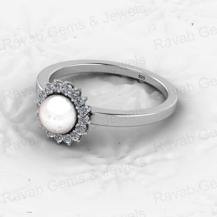 Genuine 925 Sterling Silver 6mm Genuine Fresh Water of Pearl With CZ Vermeil Floral Halo Eternity Band Wedding Ring for Women
