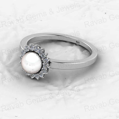 Genuine 925 Sterling Silver 6mm Genuine Fresh Water of Pearl With CZ Vermeil Floral Halo Eternity Band Wedding Ring for Women