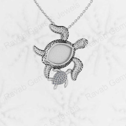 Genuine 925 Silver Mom & Baby Tortoises Marquise Semi Mount CZ Charm Pendant Setting for Ashes & Resin Work Breastmilk Jewelry