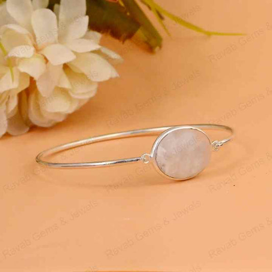 Genuine 925 Sterling Silver Natural Rainbow Moonstone Checker Cut 10x14mm Bezel Setting Front Open Lock Fine Bangle Bracelet