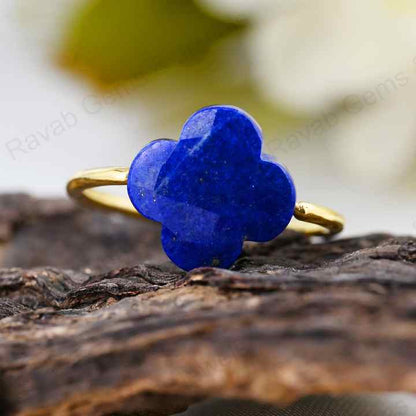 Best Selling Natural Lapis Lazuli Clover Flower Shape Gemstone Solid 925 Silver 18k Gold Plated Rotating Women Ring Fine Jewelry
