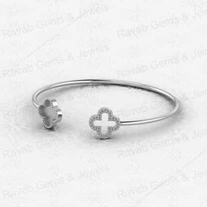 High Quality 925 Silver Four Clover Bezel Base Semi Mount Open Cuff CZ Bangle Setting Resin Ashes Jewelry Findings Components